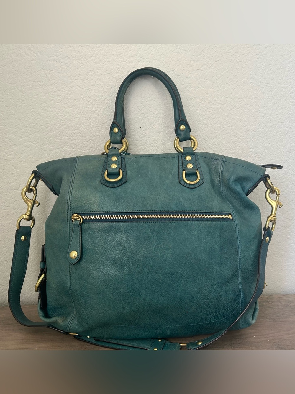 Coach Madison Leather Julianne Tote Teal and Gold Shoulder Bag Purse Handbag - Picture 7 of 12
